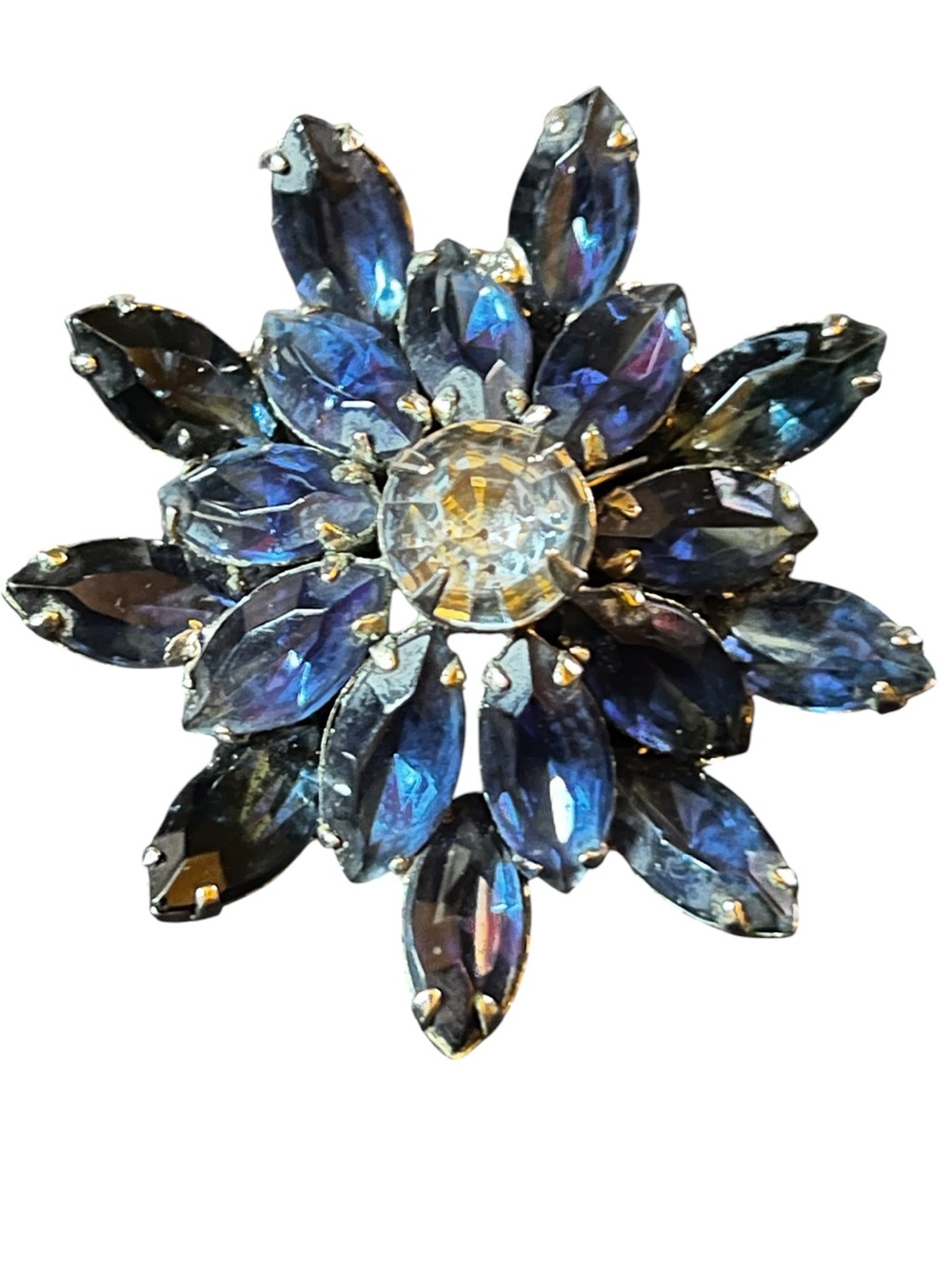 Vintage Blue Crystal Rhinestone Silver Tone Flower Brooch